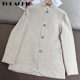 Women's Suits 4.6 TOPACHIC 2024 Stand Collar Linen Blend Jacket Outerwear For Women Solid Single Breasted Double Pocket Blazer