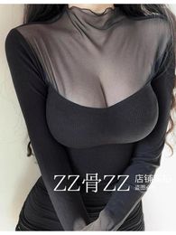 Women's T Shirts WOMENGAGA Mesh Tees Sexy Splicing Sheer Transparent Feminine Elegant Long Sleeve T-shirt Korean Women Nightclub V8WS