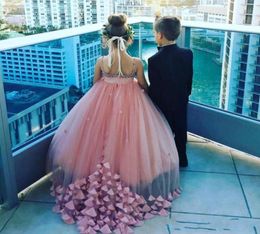 Dusty Pink Flower Girl Dresses For Weddings Crystals Spaghetti Straps Girls Pageant Dress petal Appliques Long Kids Party Gowns Fo4223034