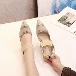 Famous female designer dress sandals, pointed camisole high heels, pointed lace up shallow mouth sandals with a middle heel, black mesh rhinestone casual formal shoes