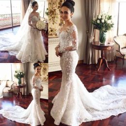 Dresses Vintage Full Sleeves Wedding Dresses Long Two Styles Lace Mermaid Bridal Dress Sheer Neck 3D Appliques Luxury African Bridal Gowns