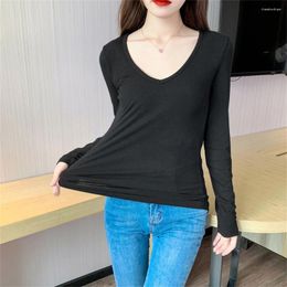 Women's T Shirts Women Casual Skinny V-neck Full Sleeve Tshirts Female Gray Basic Streetwear Simple Tops Korean Fashion Spring Autumn