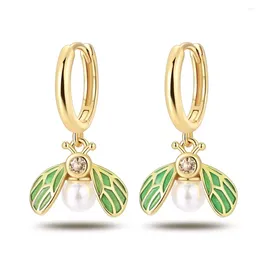 Stud Earrings Cute S925 Sterling Silver Gold Green Bee Pendant For Women's Garden Play Jewelry Accessories Friendship Birthday Gifts