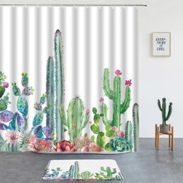 Shower Curtains Tropical Cactus Set Non-Slip Rug Green Plant Flower Washable Fabric For Bathroom Decoration With Hooks Bath Mat