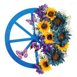 Decorative Flowers Spring Wreath Round Natural Rattan Wheel Garland Door With Sunflowers Butterflies For Outdoor Home Decoration