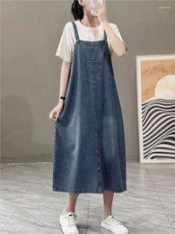 Casual Dresses Fashion Women Denim Strap Dress 2024 Summer Autumn Loose Bleached Jeans Washed Pockert Midi Long Vetidos Robes