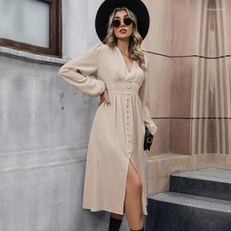 Casual Dresses Design Vintage Women's Clothing Solid Color Long Sleeve Split Temperament Commute Simple Elegant Dress Spring Clothes