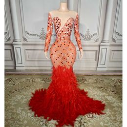 New Fashion Womens Low Cut Slim Fit Long Dress Elegant Sleeve Diamond Embellished Feather and Floor Party