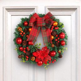 Decorative Flowers Front Door Christmas Wreath Festive Holiday Wreaths Plaid Bowknot Pine Cone Needle Ball Berry For Indoor