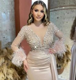 Party Dresses Vinca Sunny Champagne Women's Evening Sparkling Bead String Lace V-Neck Mermaid Long Sleeve Prom Vestidos De Fiesta