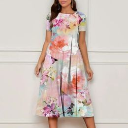 Casual Dresses Women Long Dress Elegant Floral Print A-line Midi With Pockets For Soft Breathable Summer Short Sleeves O