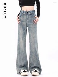 Women's Jeans KUCLUT For Women Denim Pants Turn-Down Collar Washed Blue Wide Leg Fashion High Waisted Trousers Full Length