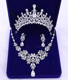 2019 Silver Crystal Flowers Bridal Jewellery Sets Rhinestone Statement Necklace Earrings Crowns Set Wedding Dress Accessories9330674