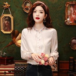 Women's Blouses Shirt Womens Tops Spring 2024 Vintage Long Sleeve Loose Embroidery Single Breasted Lantern Stand Neck Women Shirts