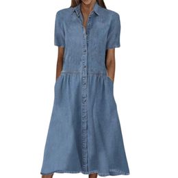 Elegant Solid Colour Short Sleeve Denim Dress Summer Lapel Singlebreasted Splice Dressy Female Comfortable Casual Gown 240408