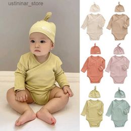 Rompers 2Pcs Baby Sweatshirt Romper Boy Spring Soft Long Sleeve Cotton Solid Infant Bodysuit Hat Girls Jumpsuits Infant Newborn Baby Set L47