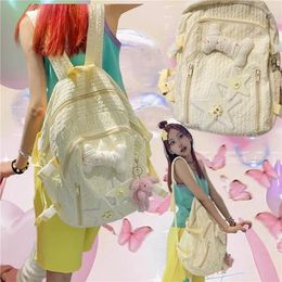Backpack Light Yellow Ruched Star Bone Student Bookbag Y2k Large Capacity Zipper Women Backpacks All-match Lightweight School Bags