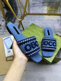 Designer women slippers sandals flat bottomed fashionable denim blue beach rubber anti slip herringbone slippers embroidered canvas casual shoes 35-42 with box