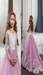 2017 Princess Long Sleeves Lace Flower Girl Dresses Vestidos Puffy Pink Kids Evening Ball Gown Party Pageant Dresses Girls2744160