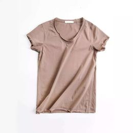 Designer Women's T-shirt 2024 Spring/summer New Silk Cotton Khaki T-shirt Simple and Versatile Slim Fit V-neck Bottom Short Sleeve Women