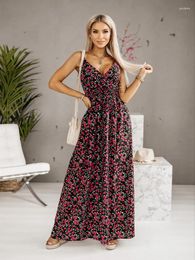 Casual Dresses Summer Fashion Sleeveless A-Line Long Dress Lady Deep V-Neck Pattern Print Beach Sexy High Waist Sling Holiday Party