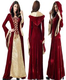 Mediaeval Dress Robe Women Renaissance Dress Princess Queen Costume Velvet Court Maid Halloween Costume Vintage Hooded Gown19510050