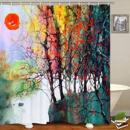 Shower Curtains Art Painting Curtain Tree Red Sun Bathroom Waterproof Set