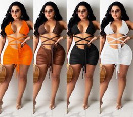 Neon Colour Sexy 3 Piece Bikini Dress Sets Summer Outfits for Women Criss Backless Crop Top+underpant+bodycon Mini Skirt Fashion1876824