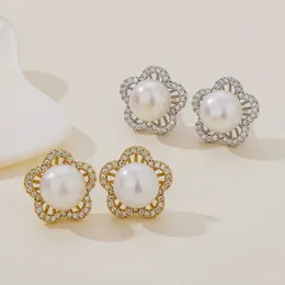 Stud Earrings 2024 Natural Pearl Micro-paved Zircon Wrapped Plum Blossom-shaped Light Luxury Fashionable And Versatile Earstuds