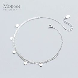 Modian Simple Double Layer Link Chain Anklet for Women Real 925 Sterling Silver Geometric Sequins Fashion Fine Jewelry 240408