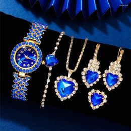 Wristwatches Luxury Watch Women Necklace Earring Blue Rhinestone Fashion Wristwatch Casual Ladies Watches Jewelry Set Relogio Feminino