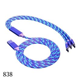 3 in 1 cables 1.2M LED Flowing Light Type C Micro USB Cable Quick Charging Line For xiaomi Samsung Huawei Phones 838DD