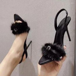 Sandals Black Soft Fur Women Slingback Printed Snake Leather Pointed Toe Buckle Strap Thin Heels Summer Dress Shoes