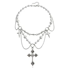 European and American cross-border jewelry niche design, double-layer high gloss pearl tassel cross star cross necklace, versatile for women