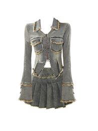 Fall Women Korean Fashion Vintage Denim Rave Outfits 2 Piece Set Long Sleeve Jean Jacket Y2K Gyaru Mini Pleated Skirts 240313
