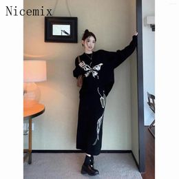 Work Dresses Butterfly Lazy Style Loose Knitted Sweater Split Long Skirt Women Set Autumn/Winter Fashion Two Piece Outfits