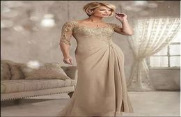 V Neck 34 Long Sleeve Vintage Floor Length Champagne Chiffon Mermaid Mother Of the Bride Dress Wedding Guest Formal Prom Evening 7985248
