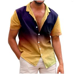 Men's Casual Shirts Gradient Printed Holiday Shirt Seaside Leisure Loose Button Stand Top Single-Breasted Short Sleeve Male Roupas Maculinas