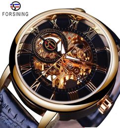 Forsining 3d Logo Design Hollow Engraving Black Gold Case Leather Skeleton Mechanical Watches Men Luxury Brand Heren Horloge LY1913959639