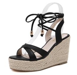 Sandals MAKEGSI Womens JuteRope Middle Wedge Heel Summer Shoes Flip Lace Up Dress8272751