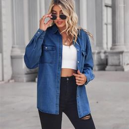 Women's Blouses Blue Thin Denim Shirts Women Long-sleeved Lapel Do Old European And American Light Street Hipster Slim Pocket Dark Tops