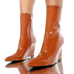 Boots Brown Patent Leather Women Wedge Pointy Toe Side Zipper Mirror Winter Short Ankle Booties Plus Size 46 Drop Ship