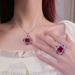 Huamei Jewelry Set Red Corundum Zircon Ring Women's Made Blue Spinal Crystal Necklace ddmyfanshion