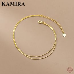 KAMIRA Real 925 Sterling Silver Vintage Simple Double layer Beads Snake Bone Bell Anklet for Women Wedding 18k Gold Fine Jewelry 240408