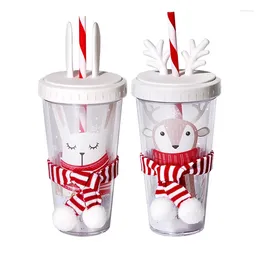 Mugs Christmas Elk Pattern Plastic Straw Cup With Scarf Personality Playful Satan Milk Juice Gift For Relatives