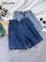 Women's Jeans Yitimoky High Waisted Shorts Summer 2024 Korean Fashion Wide Leg Baggy Office Ladies Knee Length Casual Trousers