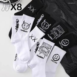 Men's Socks CHRLEISURE 8 Pairs/Set Black And White Trend Cartoon Long Tube Comfortable Breathable Couple