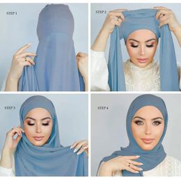Muslim Women Chiffon Hijab With Cap Bonnet Instant Chiffon Hijabs Pinless Shawl Head Scarf Underscarf Caps Cover Headwrap 240403