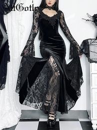 AltGoth Aesthetic Gothic Midi Dress Women Vintage Elagnt Lace Patchwork See Through Flare Sleeve High Waist Clubwear Dress Femme 240319