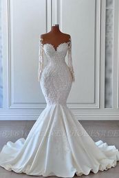 Wunderschönes Meeresjungfrau Hochzeitskleid 2024 Sheer Neck Langarmes Spitzenperlen Brautpartykleider Custom Made Vestidos de Noiva Robe de Mariee BC14202 0408